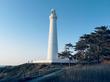 Picturesque lighthouse standing tall under clear blue skies with surrounding nature.
