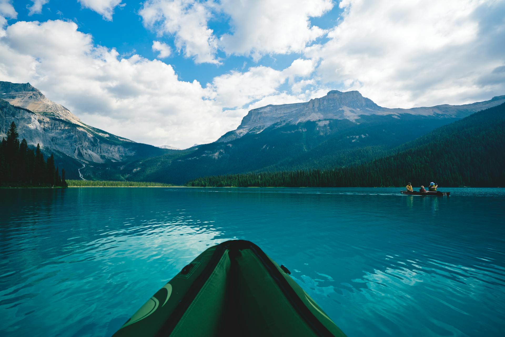 Kayaking On Pristine Summer Glacier Lake In Canada Family Recreation