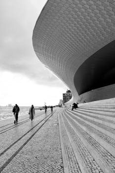 Dramatic black and white architecture along a waterfront with steps and people.
