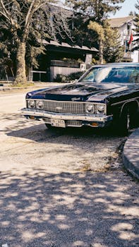 Classic car captured in a sunlit street corner surrounded by trees.