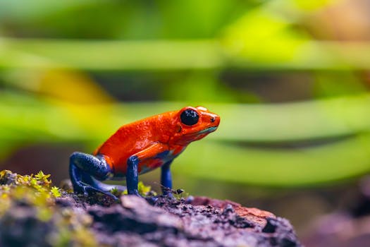 Close-up of a colorful strawberry poison dart frog in the lush Costa Rican rainforest.