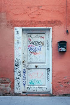 Explore a graffiti-covered door in Barcelona's vibrant Gothic Quarter, blending urban art with historical architecture.