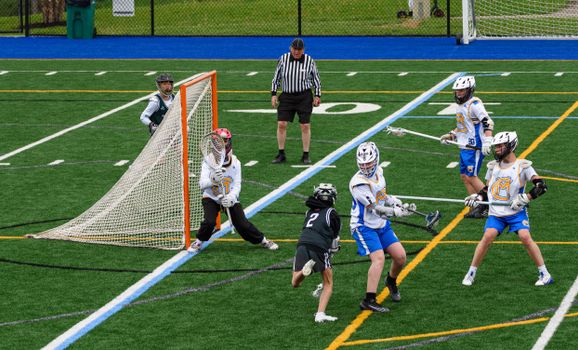 Intense youth lacrosse match with players in action at a sports field. Captivates competitive spirit and teamwork.