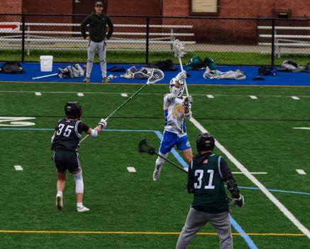 Young athletes in a thrilling lacrosse match on a vibrant green field.