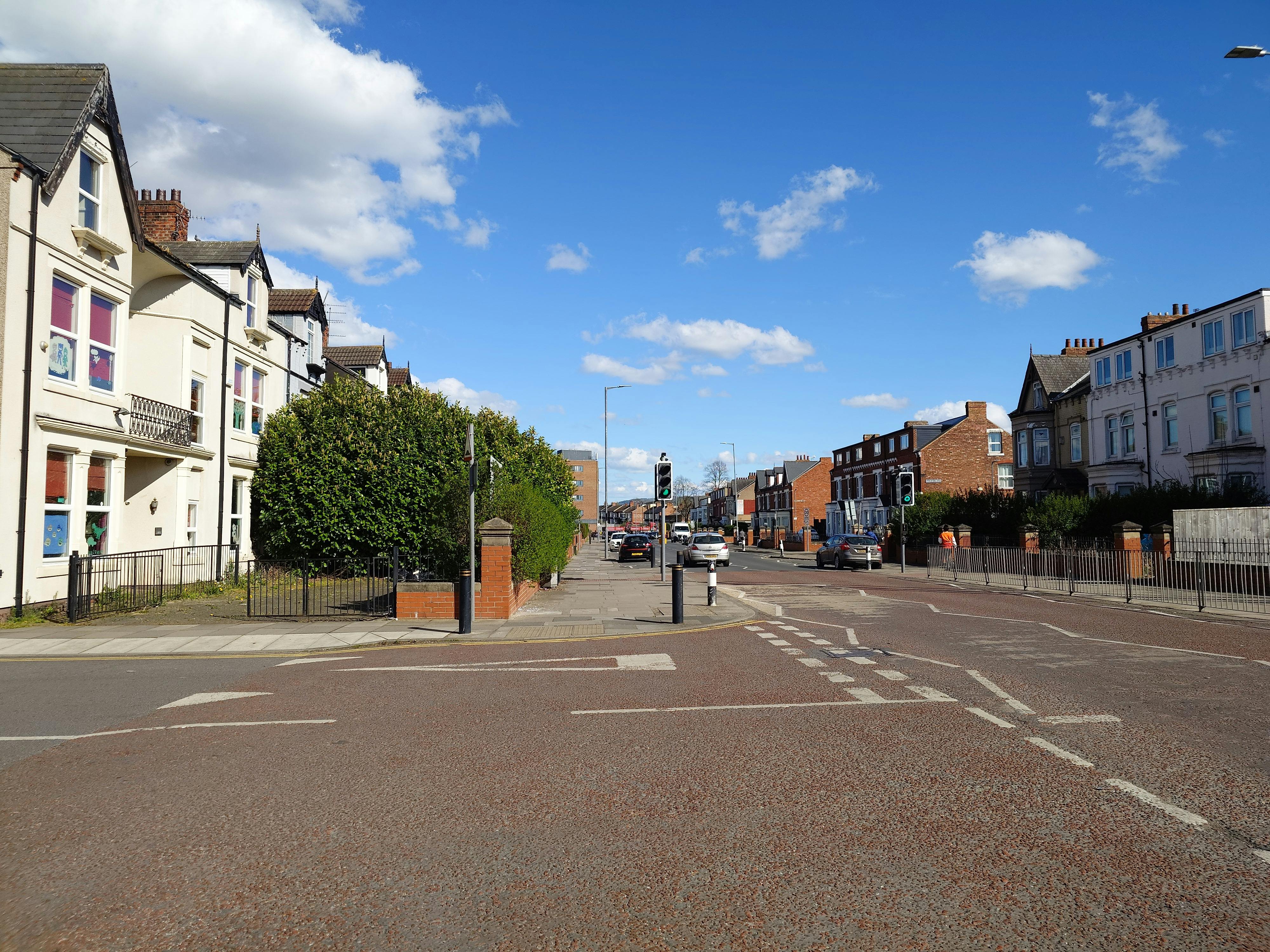 Charming urban street view in Middlesbrough, England with blue skies and traditional architecture.