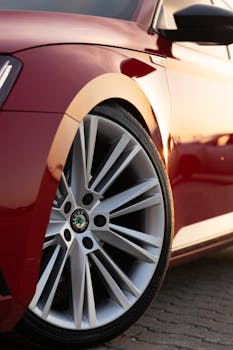 Detailed view of a red car's wheel reflecting a sunset glow, showcasing modern luxury.