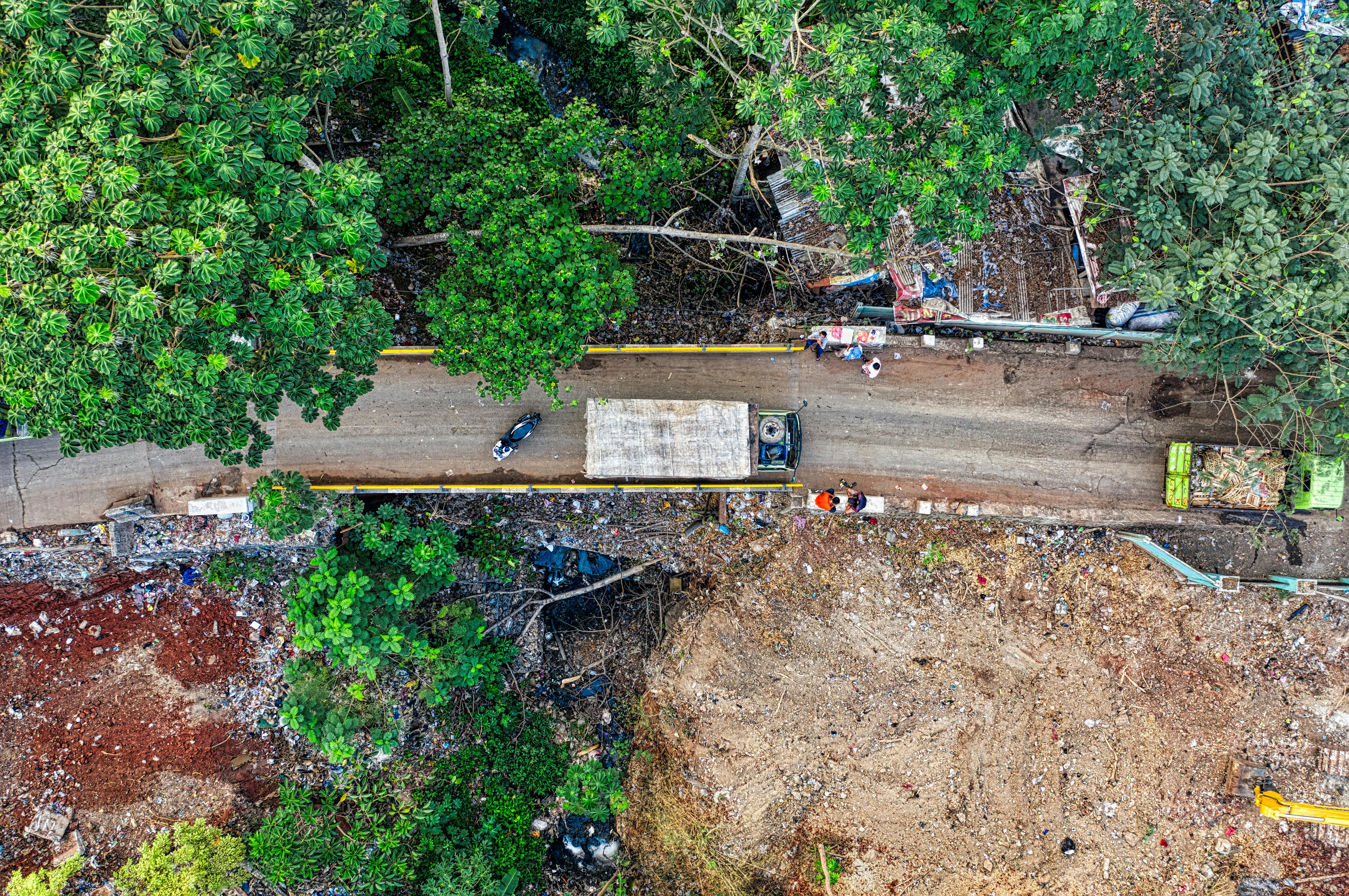 bird s eye view of unpaved road between trees