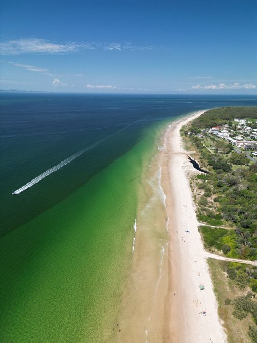Free Aerial shot of a picturesque coastal beach with vibrant waters and lush greenery. Stock Photo