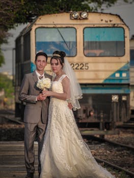 Bride and groom posing in front of a vintage train for a unique wedding photo.