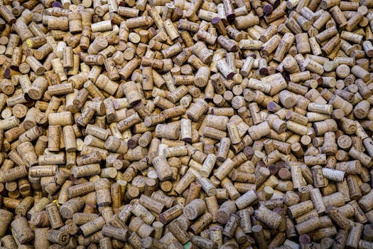 An overhead view of numerous wine corks forming a textured and intricate background.