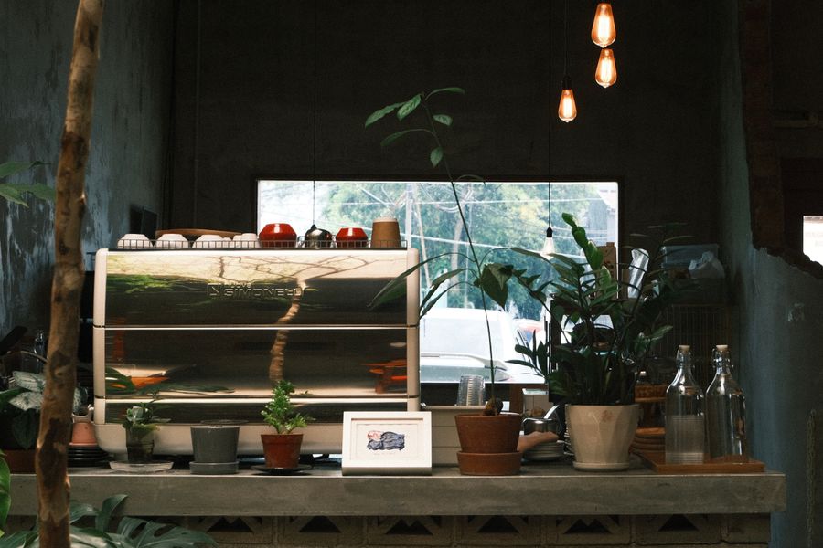 Kaunter bar dengan mesin espresso dan pokok hijau