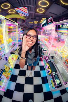 A cheerful woman enjoying a visit to a colorful arcade in Sydney, Australia.