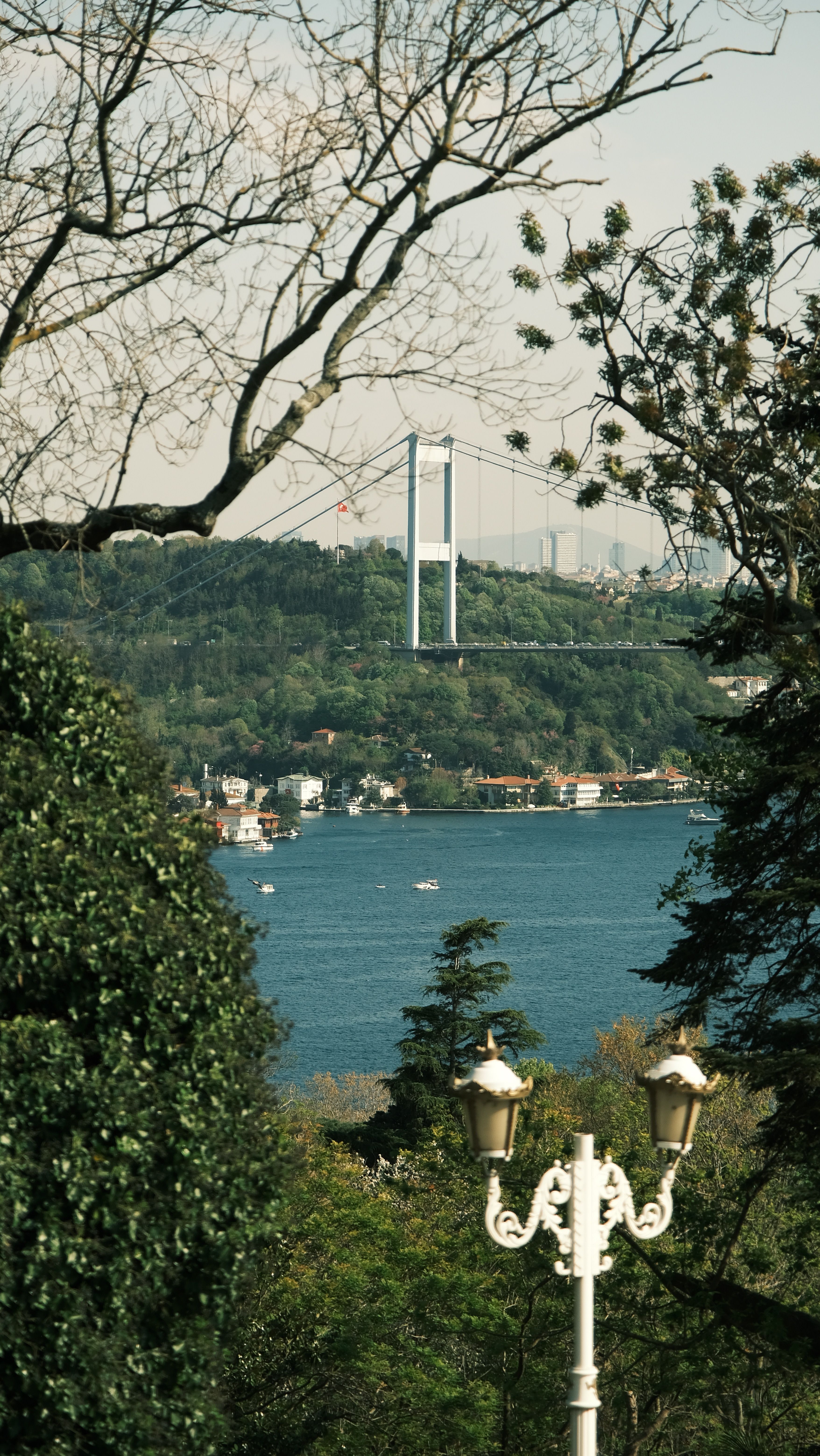 Capture of Bosphorus Bridge with lush greenery and water view during spring in Istanbul.