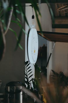 Contemporary cafe interior with lush plants and hanging decor. Cozy and modern vibe.
