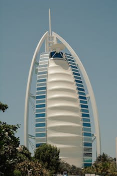The Burj Al Arab stands tall against a clear blue sky in Dubai, UAE.
