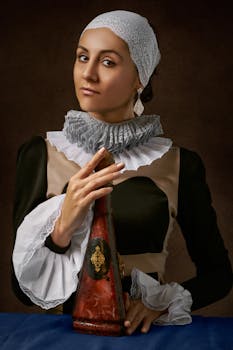 Portrait of a woman in historical European dress with lace and ruffles, holding a vintage object.