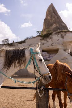 Two horses in front of iconic Cappadocia rock formations in Türkiye.