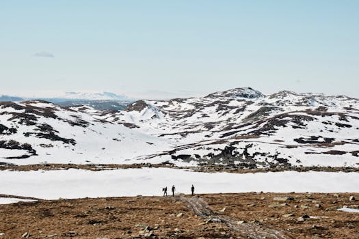 Two hikers exploring a vast snowy mountain landscape under a clear blue sky.