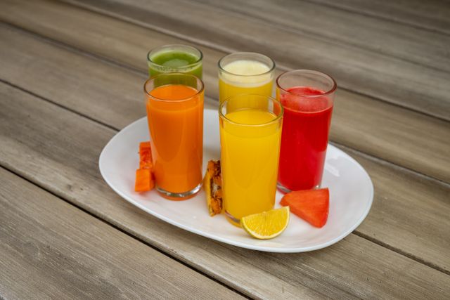 Glasses of carrot, green, orange and watermelon juice on a white plate with cut fruit