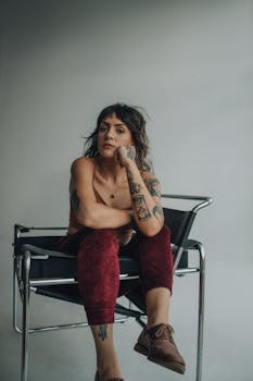Tattooed woman sitting on a chair indoors, exuding a relaxed and confident aura.