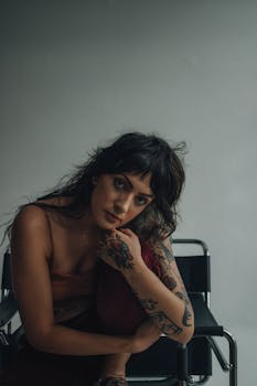 Intimate artistic portrait of a tattooed woman seated indoors with a moody vibe.
