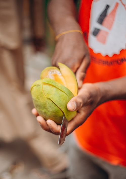Free Hands carefully peeling a fresh mango outdoors, showcasing a vibrant and colorful summer scene. Stock Photo