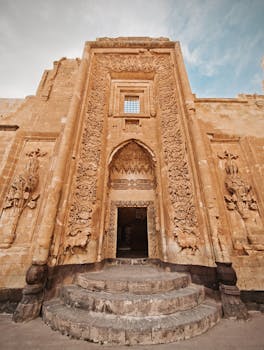 Detailed view of the ornate facade of Ishak Pasha Palace, showcasing intricate stone carvings under a clear sky.