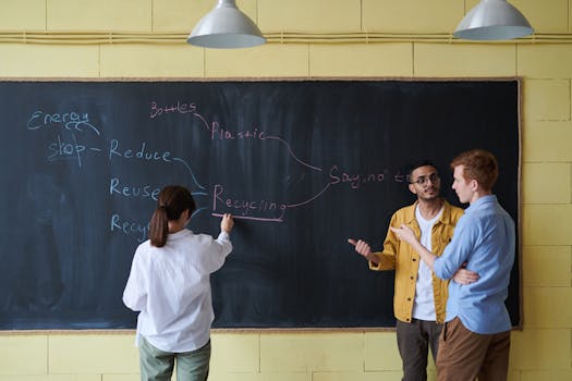 Three people engaging in a discussion about recycling at a blackboard.