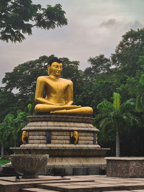 Free Golden Buddha statue surrounded by lush greenery in Viharamahadevi Park, Colombo. Stock Photo