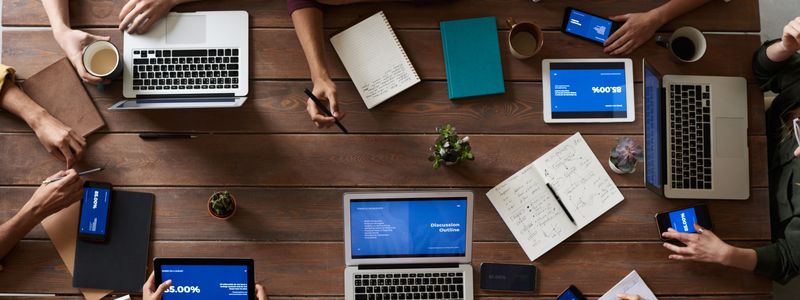 Overhead view of a team in a business meeting
