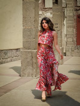 Stylish woman in a red floral dress walking confidently against an ancient stone wall.