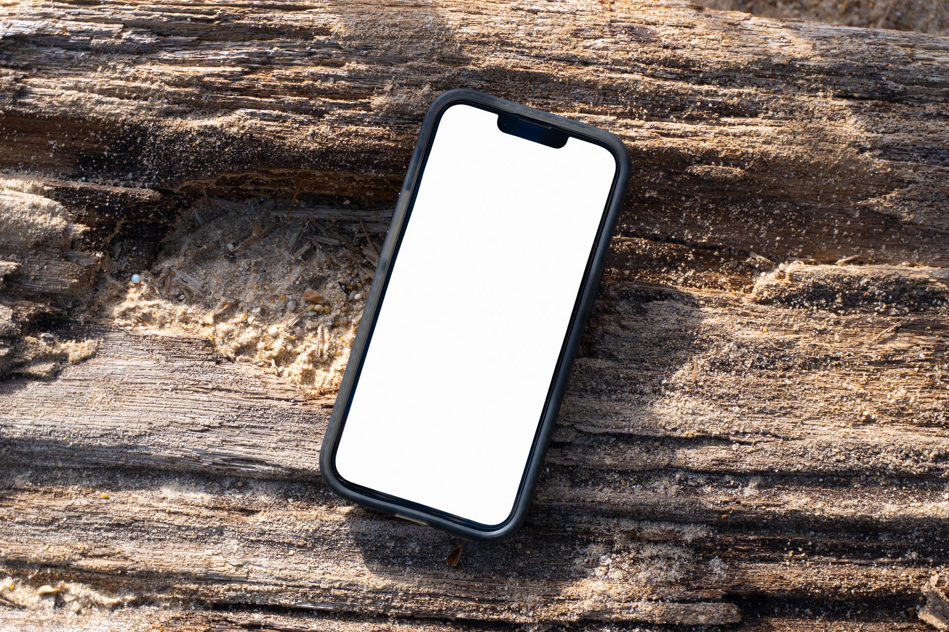 iPhone 13 Mockup on wooden old tree on a beach in Phuket