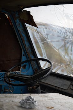 Interior view of an old blue bus with a cracked window, showcasing vintage charm and decay.