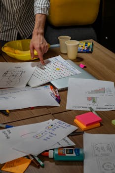 办公室头脑风暴会议的详细视图，包含笔记和文具