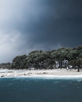 Moody landscape of a beach with stormy clouds and waves, capturing nature's raw beauty.