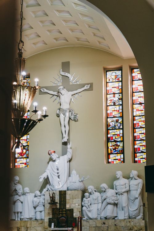 Free Stunning view of a beautifully adorned altar inside a Catholic church in Starogard Gdański, Poland. Stock Photo