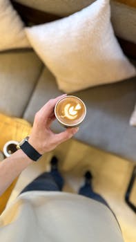 Cozy cafe scene with barista holding a latte featuring intricate latte art.