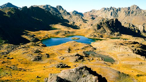 Free Captivating aerial view of Yedigöller lakes in Erzurum, Türkiye, showcasing rugged mountain terrain. Stock Photo