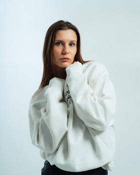 Stylish portrait of a woman wearing a white sweater, captured in a minimalist studio setting.