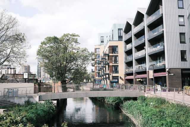 Modern riverside apartment blocks