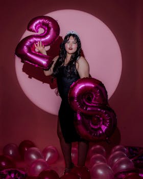 Elegant woman celebrating a birthday with pink balloons in a stylish setting.