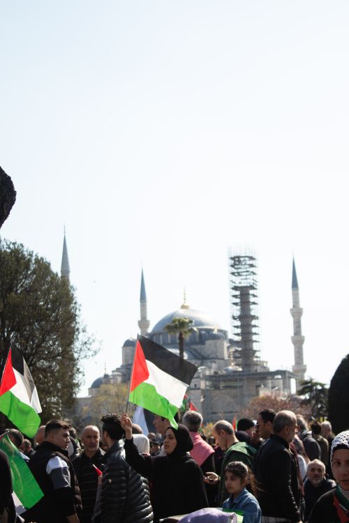 Free People wave flags near the Blue Mosque in Istanbul on a sunny day. Stock Photo