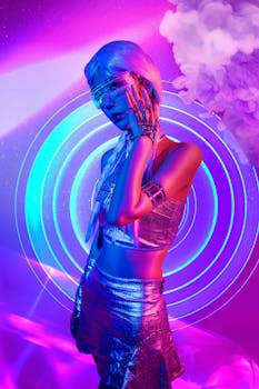 Futuristic cyberpunk woman with robotic arm surrounded by neon lights and smoke.