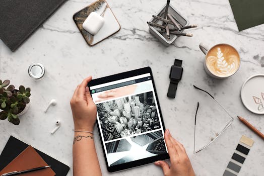 这是一张现代工作空间的俯视图，其中配有平板电脑、咖啡和各种配件