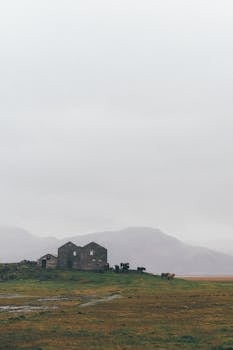 薄雾笼罩的乡村中，一栋废弃农舍构成了喜怒无常的场景，非常适合宁静的乡村主题
