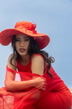 Elegant woman in a vibrant red dress and hat poses fashionably outdoors against a clear blue sky.
