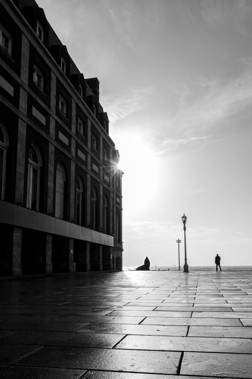 Free Dramatic black and white street photo of urban life in Mar del Plata, Argentina, with iconic architecture and solitary figure. Stock Photo