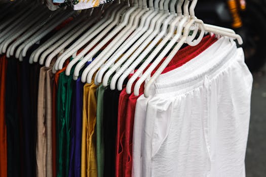 A vibrant display of pants in various colors hanging neatly on white hangers.