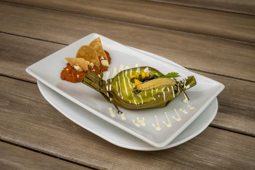 Delicious plated Mexican tamale served in a Guanajuato restaurant, capturing local flavors.