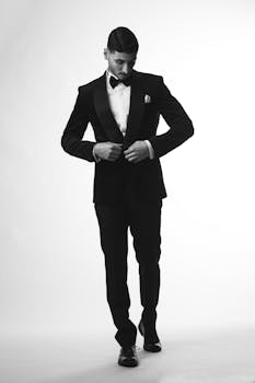 Black and white portrait of a man in a tuxedo adjusting his bow tie.